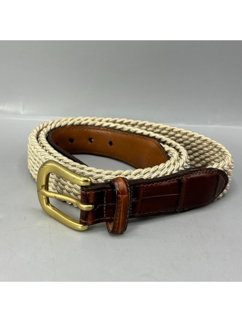 Brighton Braided Woven Belt Mens 38 Tan Croco Leather Embossed Brass Buckle